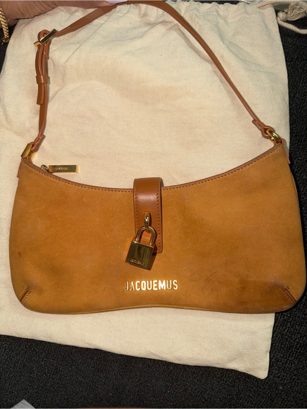 Jacquemus Tan Suede Shoulder Bag with Gold Accent